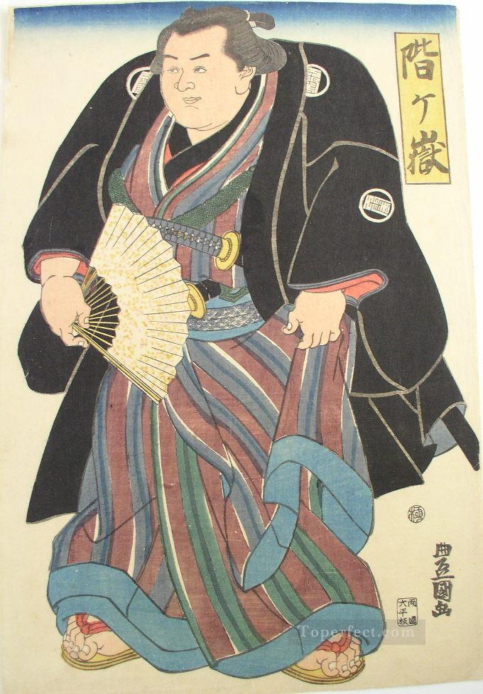 sumo wrester in blue brown striped underkimono Utagawa Toyokuni Japanese Oil Paintings
